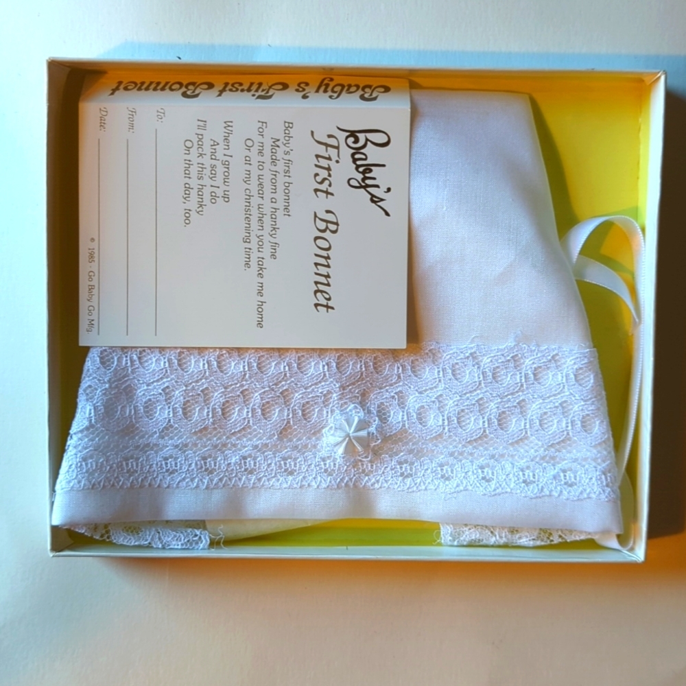 Vintage New in Box Baby's First Bonnet White Lace Christening Go Baby Go